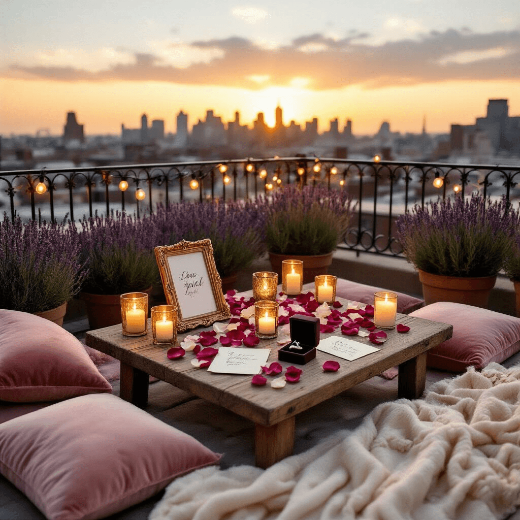 The Complete Guide to Choosing Your Perfect Engagement Ring Overhead view of a romantic rooftop proposal setup at sunset, featuring a rustic wooden table with velvet blush cushions, cashmere throws, vintage gold frames, rose petals, amber candle holders, an antique ring box, and love letters, against a backdrop of potted lavender and city skyline illuminated by golden hour light.