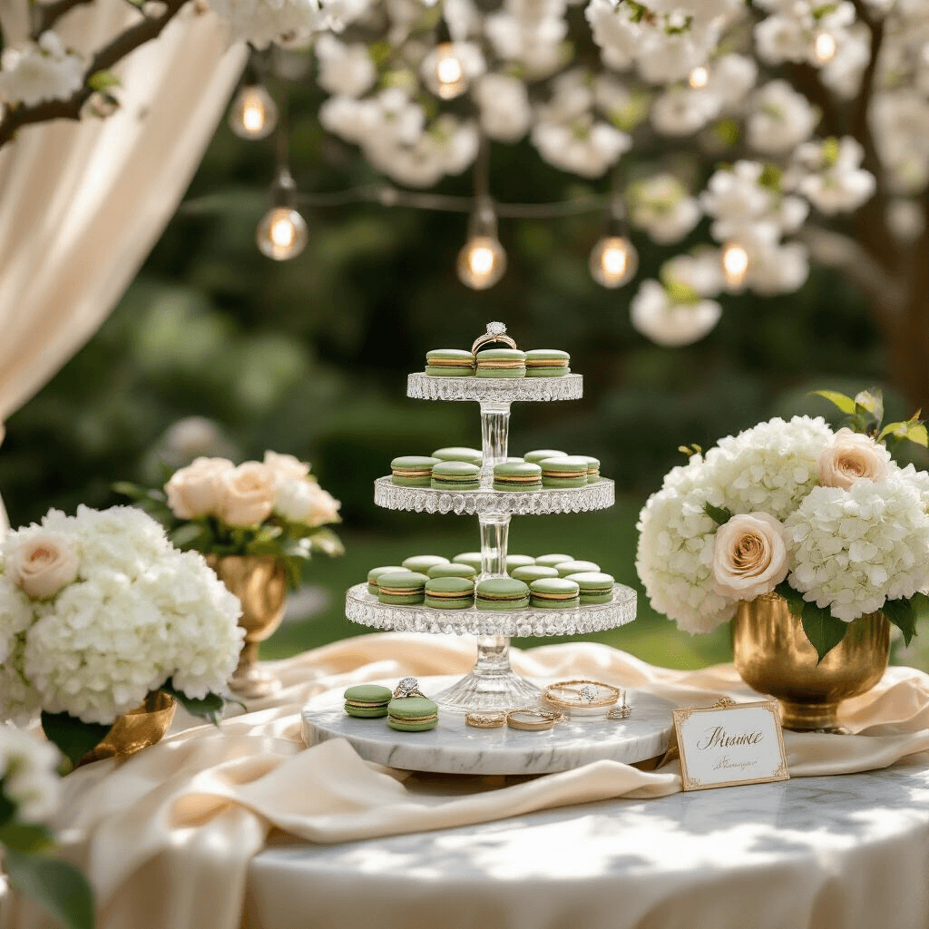 The Complete Guide to Choosing Your Perfect Engagement Ring Close-up detail of a luxurious engagement ring on a marble-topped dessert cart adorned with French macarons, surrounded by elegant floral arrangements and soft morning light filtering through café lights.