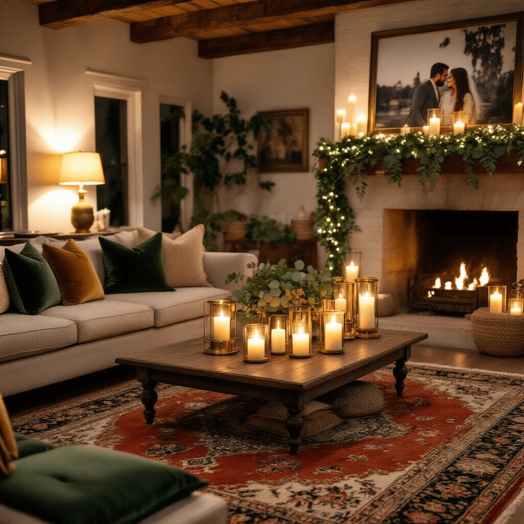 The Complete Guide to Choosing Your Perfect Engagement Ring Cinematic wide shot of a cozy living room engagement celebration, featuring a low coffee table with layered textiles, a vintage Persian rug, velvet cushions, pillar candles in brass holders, fresh eucalyptus garlands, a custom photo wall, and warm ambient lighting from lamps and fairy lights.