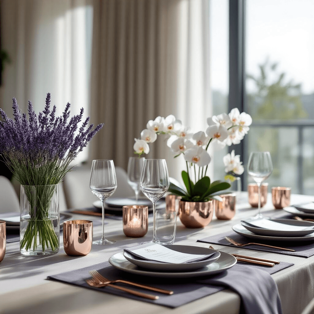 The Complete Guide to Choosing Your Perfect Engagement Ring Elegant ring presentation in a modern apartment with floor-to-ceiling windows, showcasing a sleek dining table with charcoal linen placemats, rose gold cutlery, lavender sprigs in glass vases, and mercury glass votives, all highlighted by midday sunlight streaming through sheer curtains.