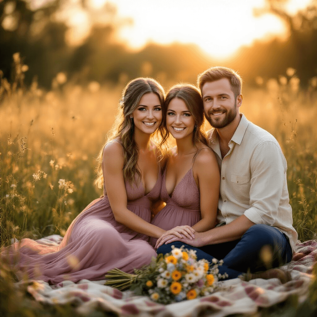 Engagement Photo Ideas That'll Make Your Heart Skip a Beat (And Your Feed Light Up) A couple embraces in a sunlit meadow during their engagement session, bathed in warm golden hour light. The bride-to-be in a flowing dusty rose maxi dress and her partner in navy chinos and a cream linen shirt smile genuinely at the camera. A wildflower bouquet rests on a vintage picnic blanket nearby, while soft bokeh effects and rim lighting enhance the romantic atmosphere.