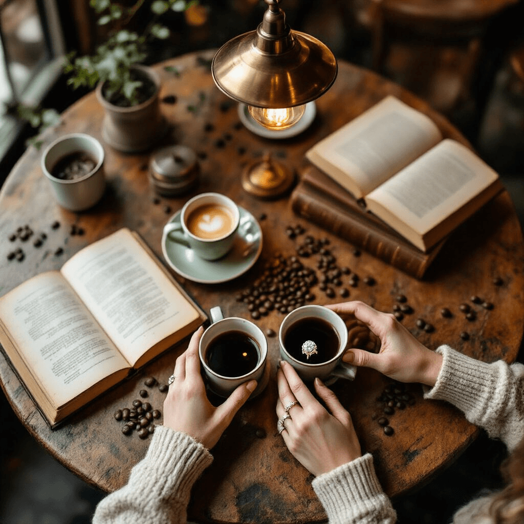 Engagement Photo Ideas That'll Make Your Heart Skip a Beat (And Your Feed Light Up) Overhead view of an intimate coffee shop engagement session, featuring rustic wooden tables, vintage ceramic mugs, coffee beans, and a delicate engagement ring next to open leather-bound books, with a couple’s intertwined hands around steaming coffee cups, all set in a warm amber-lit atmosphere with a sage green and cream color palette.