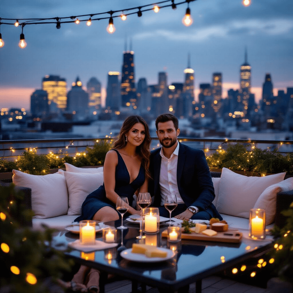 Engagement Photo Ideas That'll Make Your Heart Skip a Beat (And Your Feed Light Up) Elegant urban rooftop engagement shoot featuring a couple on a luxurious terrace with modern furniture and fairy lights, set against a city skyline backdrop. She wears a navy midi dress and he is in a charcoal suit, surrounded by an intimate dinner setup with wine and candlelight, in a cool evening color palette.