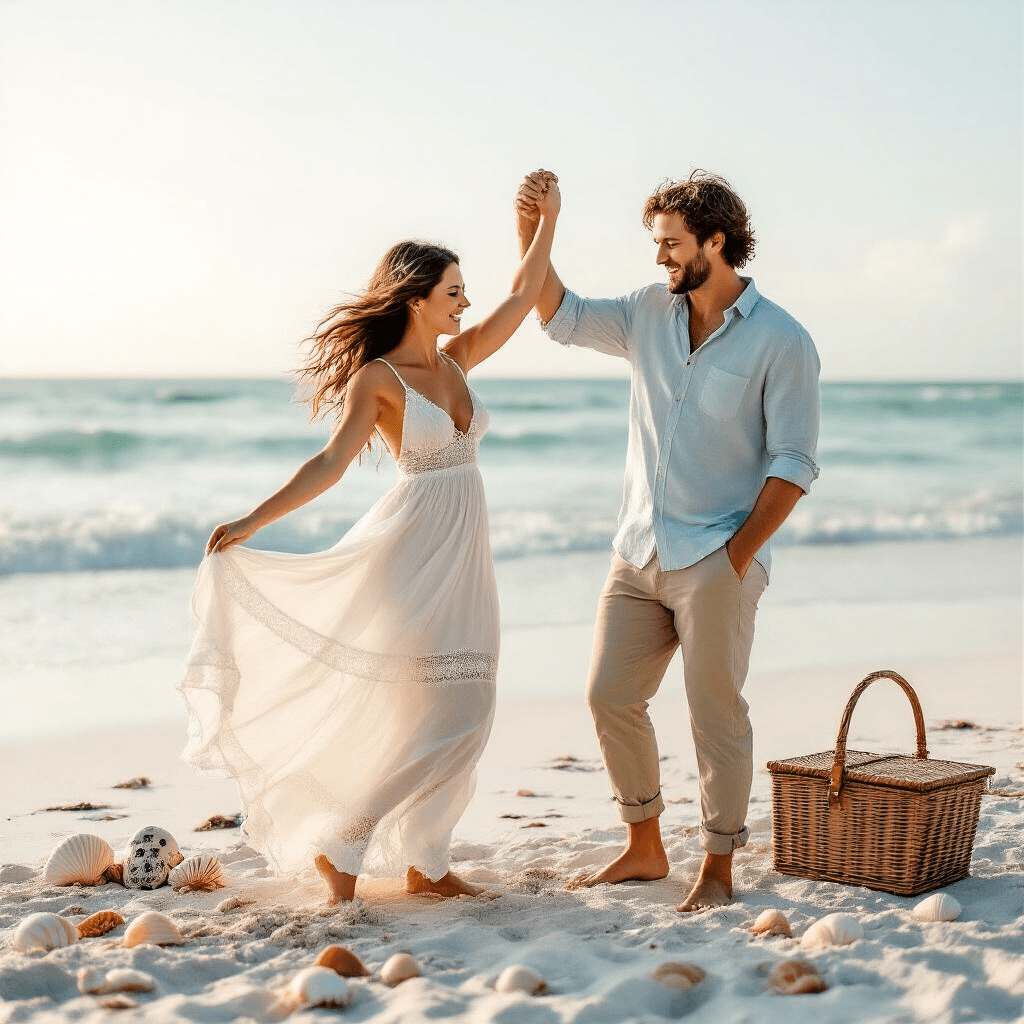 Engagement Photo Ideas That'll Make Your Heart Skip a Beat (And Your Feed Light Up) Couple dancing barefoot on pristine sand during a whimsical beach engagement session, captured in soft morning light. She twirls in an ethereal white maxi dress with lace details, while he wears khaki pants and a light blue linen shirt. The scene includes vintage polaroid cameras and a wicker picnic basket, surrounded by seashells and driftwood, with gentle ocean waves in the background. Soft pastel colors and natural textures enhance the romantic coastal atmosphere.