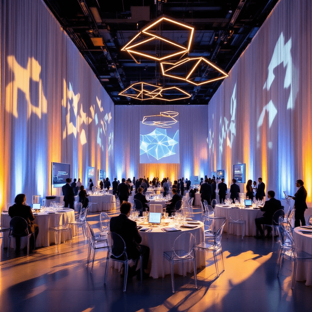 Event Planning Inspiration: Creative Ideas That Turn Ordinary Gatherings Into Unforgettable Experiences A wide-angle shot of an elegant indoor ballroom during golden hour, featuring a corporate event with programmable LED lighting, round tables with metallic centerpieces, modern ghost chairs, geometric light fixtures, and interactive holographic displays, all set in a sophisticated color palette of navy, silver, and electric blue.
