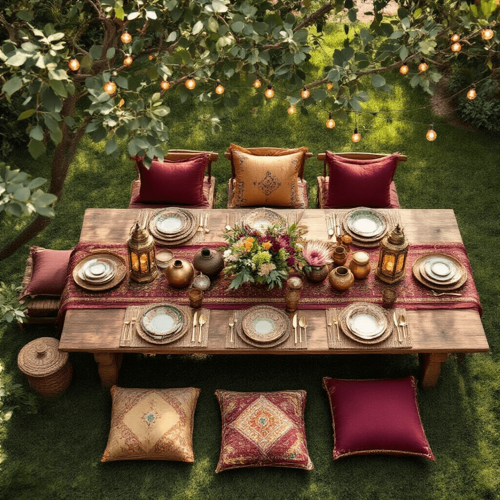 Event Planning Inspiration: Creative Ideas That Turn Ordinary Gatherings Into Unforgettable Experiences Overhead view of an intimate garden party setup with low rustic wooden tables decorated in a Global Fusion theme, featuring terracotta and sage colors, vibrant textiles, brass lanterns, and fresh florals, surrounded by Moroccan floor cushions and illuminated by string lights above.