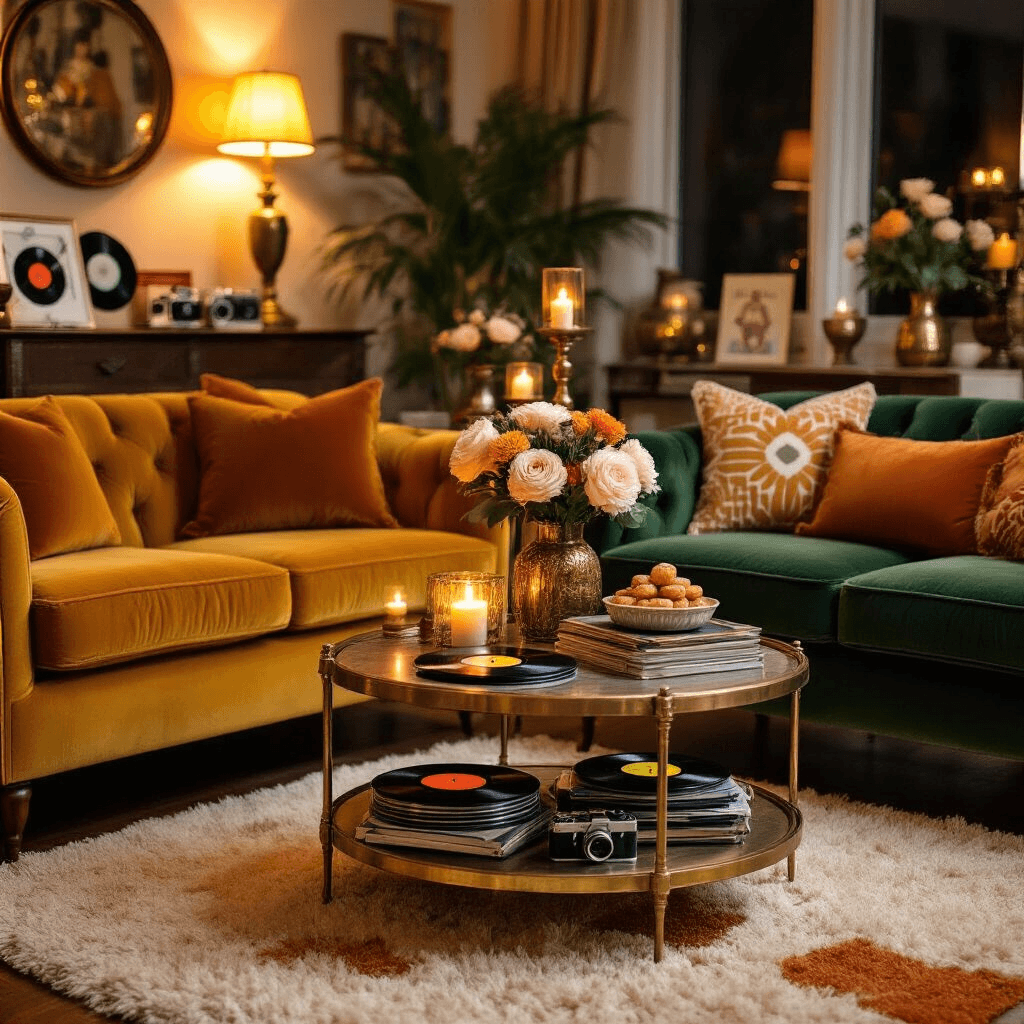 Event Planning Inspiration: Creative Ideas That Turn Ordinary Gatherings Into Unforgettable Experiences Close-up of a cozy living room decorated for a Retro Rewind celebration, featuring warm amber lighting, mid-century modern furniture, vintage decor, a dessert cart, and a polaroid photo station, all set against shag rugs and macrame wall hangings.