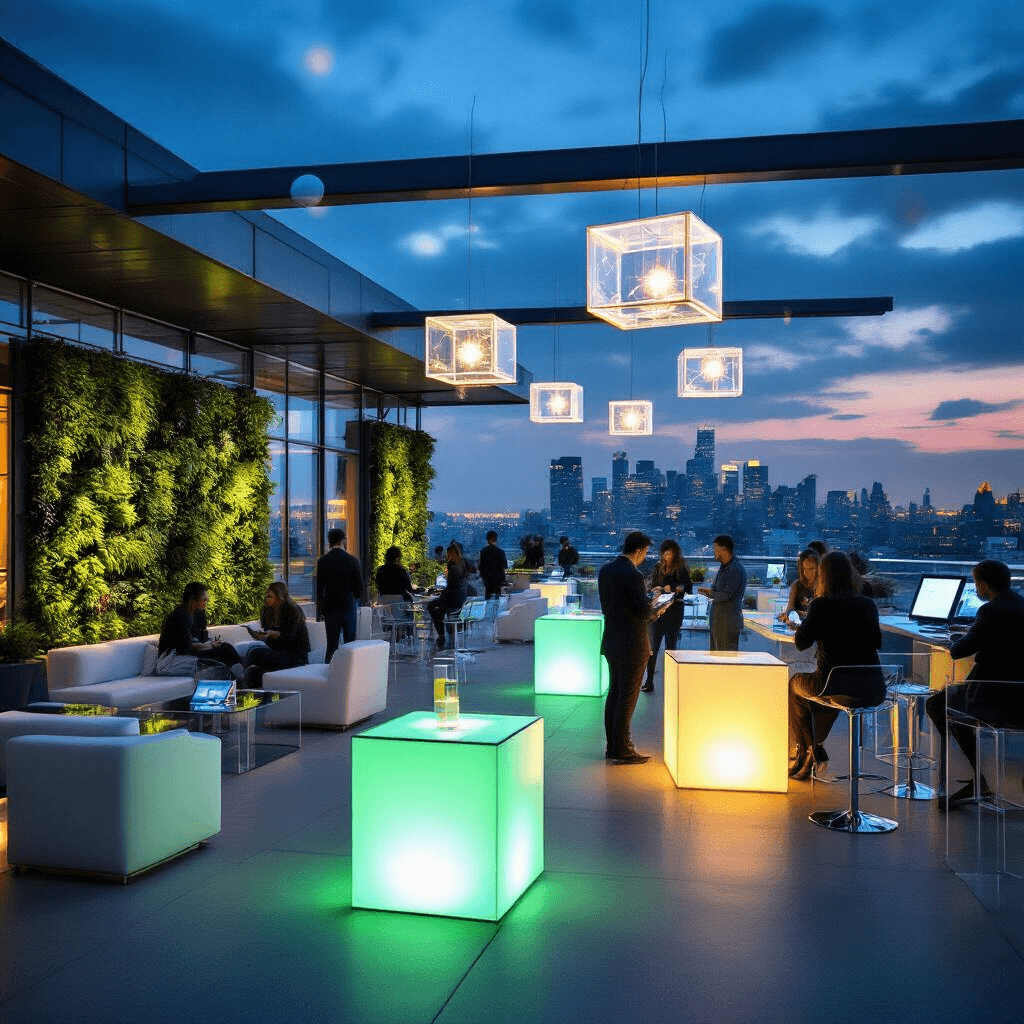 Event Planning Inspiration: Creative Ideas That Turn Ordinary Gatherings Into Unforgettable Experiences Cinematic wide-angle shot of a modern rooftop terrace at night, featuring sleek glass and steel elements, glowing LED cocktail tables, interactive technology stations, suspended cube lights casting geometric shadows, living walls of vertical gardens, and a city skyline backdrop.