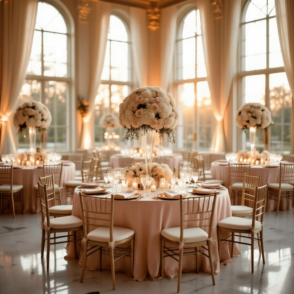 Home Decor Made Simple: Transform Your Space with Style and Ease Wide-angle shot of an elegantly decorated ballroom at golden hour, featuring blush pink silk table linens, towering floral centerpieces, and candlelit ambiance, with warm sunlight streaming through tall windows.