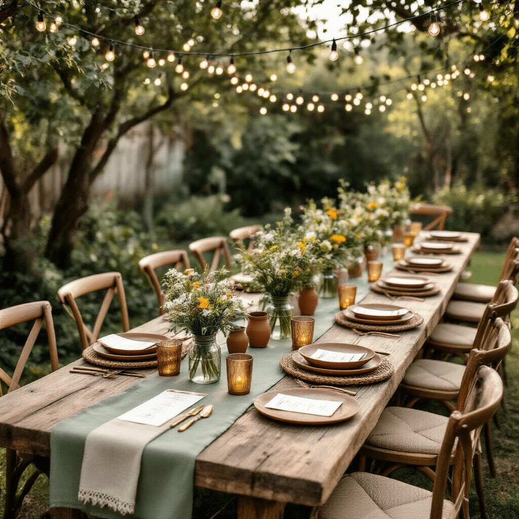 Home Decor Made Simple: Transform Your Space with Style and Ease Overhead view of a rustic outdoor garden party setup with long farmhouse tables featuring sage green runners, terracotta plates, copper flatware, and mason jar wildflower centerpieces, enhanced by string lights and vintage books, creating an intimate farm-to-table atmosphere in soft morning light.