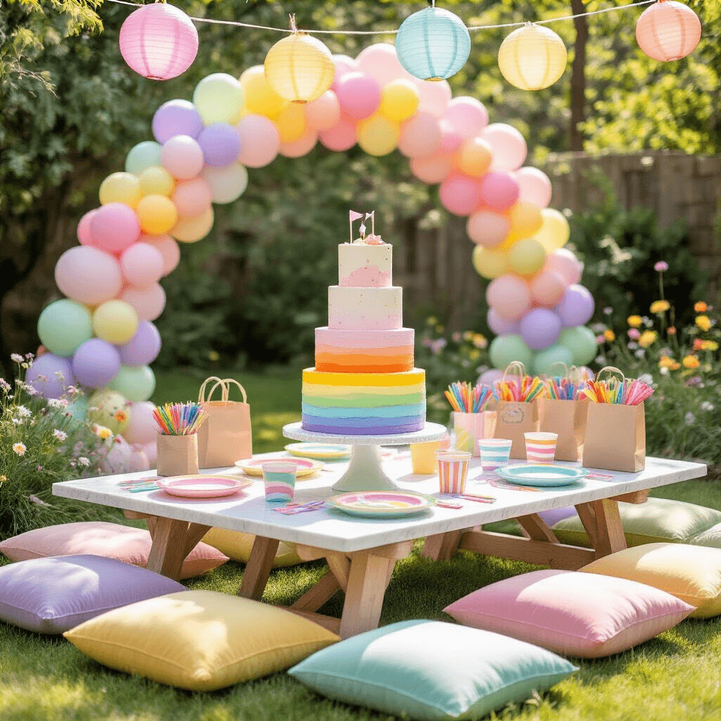 Home Decor Made Simple: Transform Your Space with Style and Ease Close-up of a whimsical children's birthday party in a stylish backyard, featuring a three-tiered rainbow cake on a marble pedestal, pastel balloon arch, picnic tables with rainbow-striped linens, colorful melamine tableware, velvet floor cushions, a DIY craft station with mason jars, personalized party favor bags, and paper lanterns overhead, all under bright midday sun.