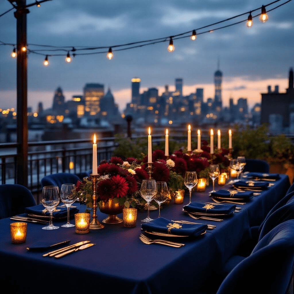 Home Decor Made Simple: Transform Your Space with Style and Ease Intimate rooftop terrace dinner party with navy linens, gold flatware, and floral arrangements, featuring vintage brass candlesticks and string lights, creating a moody and romantic ambiance against a city skyline backdrop.