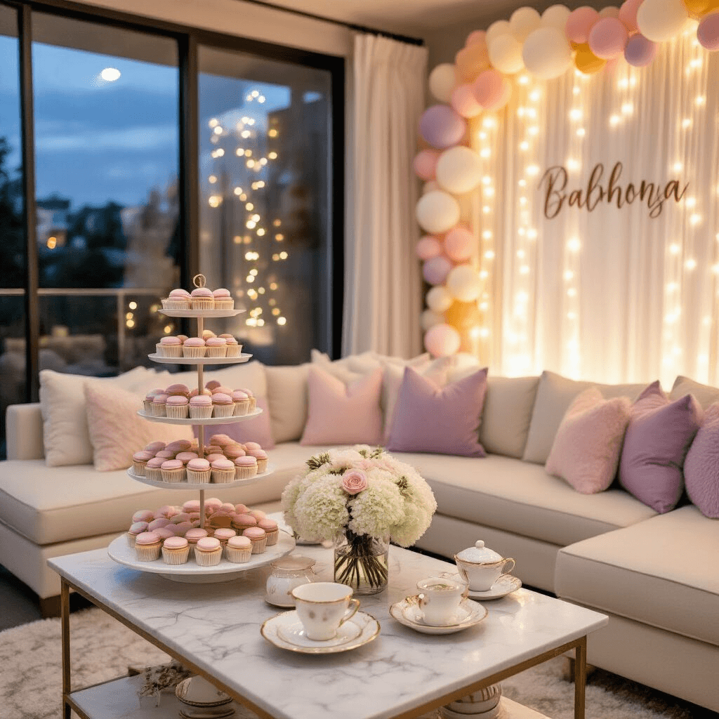 Home Decor Made Simple: Transform Your Space with Style and Ease Cozy indoor baby shower in a modern apartment living room, featuring a dessert cart with pastel macarons and mini cupcakes, a cream sectional sofa with pink and lavender pillows, a white hydrangea centerpiece in vintage vases, a balloon garland, fairy lights, and a personalized photo backdrop, all creating a warm and intimate atmosphere.