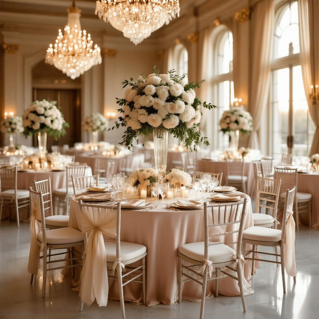 The Ultimate Guide to Transforming Your Living Room: Tips, Trends, and Inspiration Elegant ballroom at golden hour with blush pink tables, crystal chandeliers, towering floral centerpieces, and ivory Chiavari chairs, framed by sheer champagne drapery and enhanced by candlelight ambiance.