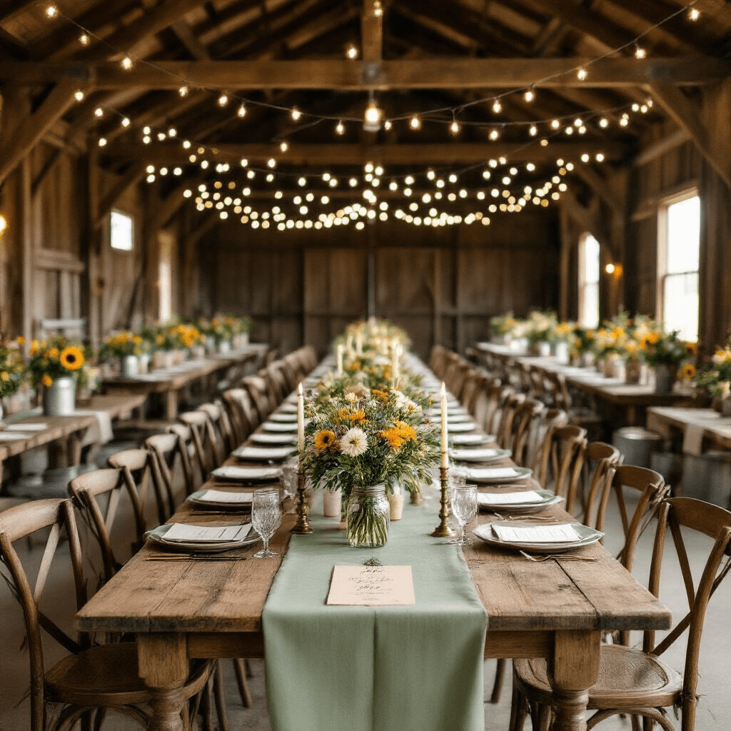 The Ultimate Guide to Transforming Your Living Room: Tips, Trends, and Inspiration Overhead flat lay of a rustic barn wedding setup featuring long reclaimed wood tables with sage green linen runners, mason jar centerpieces filled with wildflowers, vintage brass candlesticks with ivory candles, mismatched vintage chairs, string lights across wooden beams, hand-lettered kraft paper menus, and galvanized buckets of sunflowers.