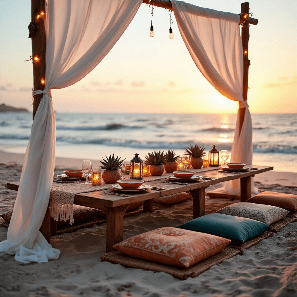 The Ultimate Guide to Transforming Your Living Room: Tips, Trends, and Inspiration Close-up of a romantic beachfront dinner setup at sunset, featuring low wooden tables with jewel-toned Moroccan cushions, flowing linen drapes, succulent centerpieces, hurricane lanterns, sunset-colored dinnerware, and macrame runners, all illuminated by warm golden hour light.