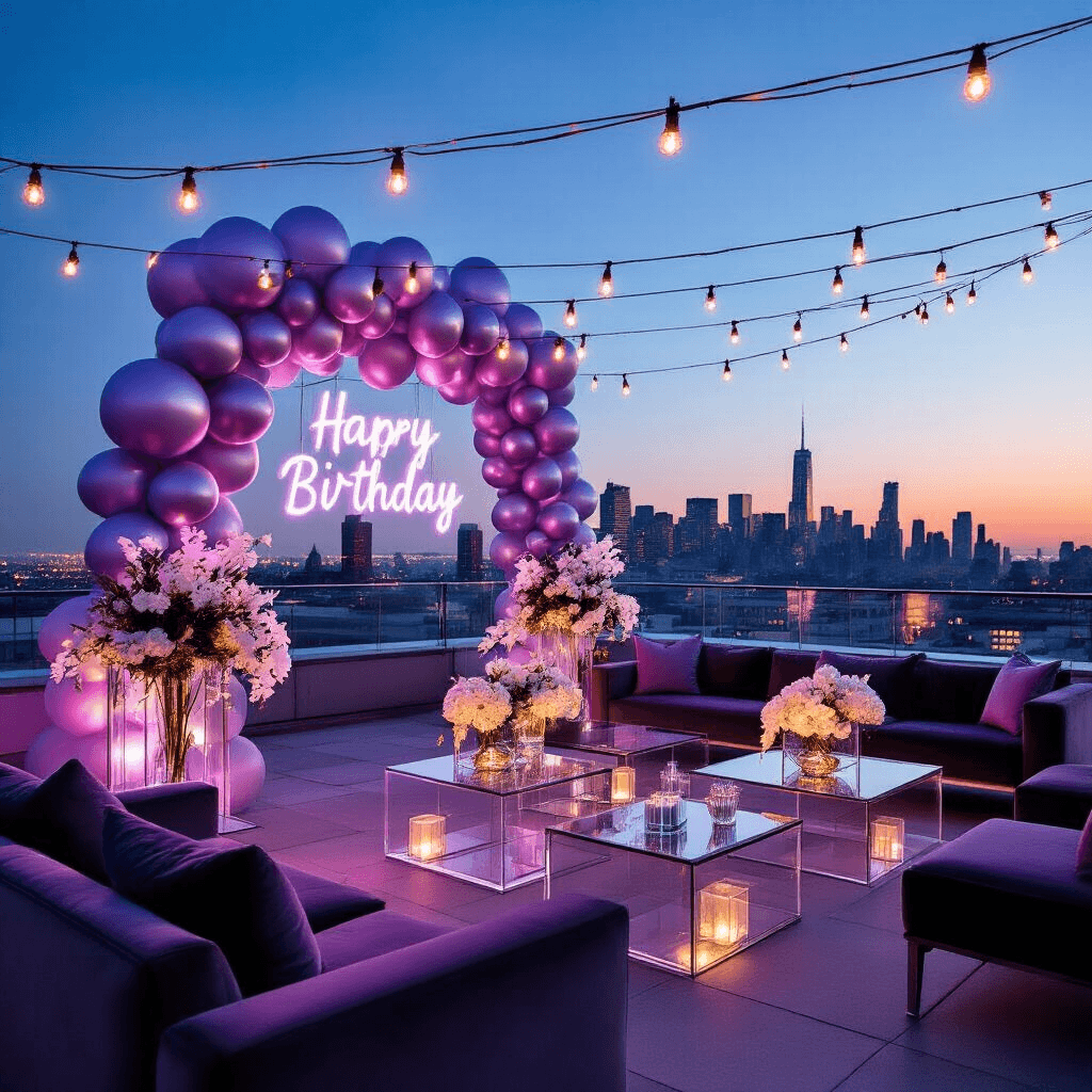 The Ultimate Guide to Transforming Your Living Room: Tips, Trends, and Inspiration Cinematic wide shot of a modern rooftop terrace birthday celebration at twilight, featuring sleek acrylic furniture with lavender and silver LED uplighting, a geometric metallic balloon installation, marble-topped cocktail tables with white orchids, charcoal gray velvet lounge seating, personalized neon signage, and fairy lights in geometric patterns against a city skyline backdrop.