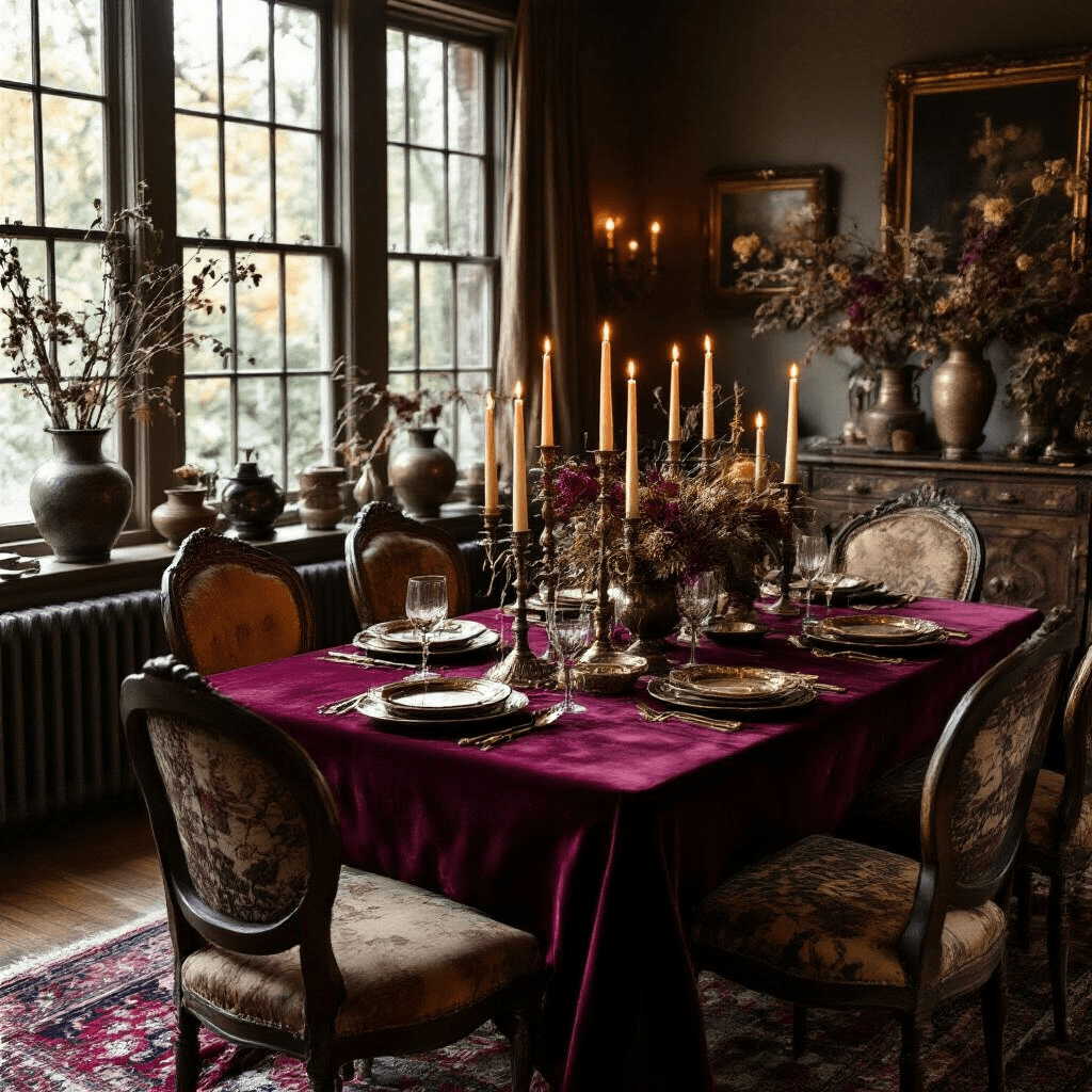 The Ultimate Guide to Transforming Your Living Room: Tips, Trends, and Inspiration Cozy candlelit dinner party in a vintage-inspired living room, featuring a burgundy velvet dining table, mismatched upholstered chairs, and layered Persian rugs, accented by brass candelabras and dried florals in aged ceramics.