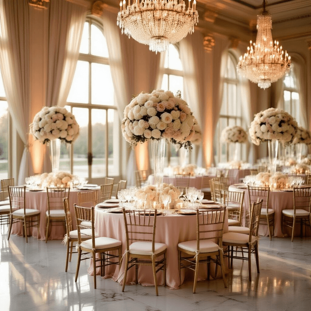Creating a Chic and Functional Small Space: Home Decor Tips Elegant indoor ballroom at golden hour, featuring round tables with blush pink silk linens and ivory lace, crystal chandeliers, floral centerpieces, gold-rimmed charger plates, chiavari chairs with blush cushions, sheer ivory drapery, candlelit votives, and a stunning wedding cake on an antique gold pedestal.