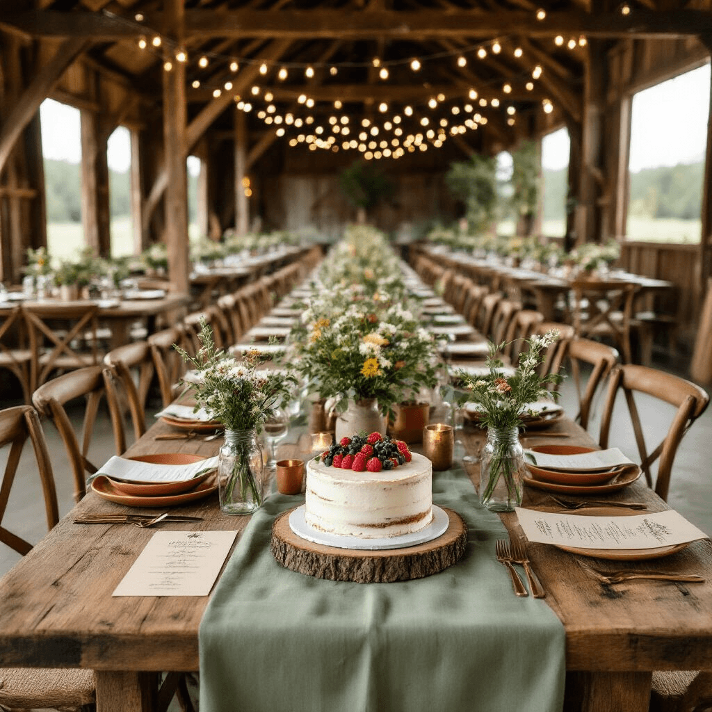 Creating a Chic and Functional Small Space: Home Decor Tips Overhead view of a rustic barn celebration setup with long reclaimed wood tables, sage green linen runners, terracotta dinnerware, mason jar centerpieces of wildflowers, string lights, cross-back chairs, hand-lettered kraft menus, copper candle holders, a naked cake on a tree slice, burlap runners, and vintage brass accents.