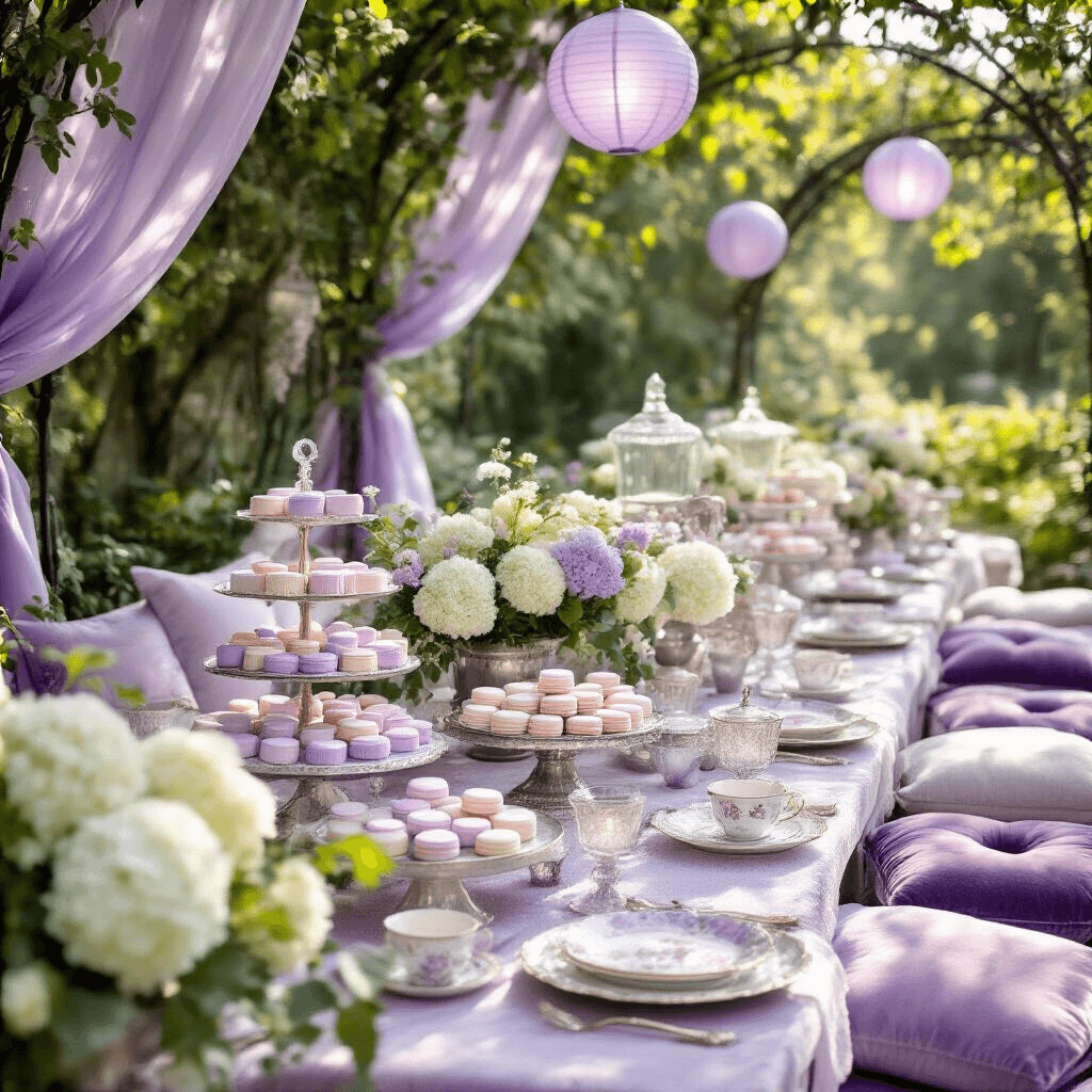 Creating a Chic and Functional Small Space: Home Decor Tips Close-up of a whimsical garden party setup featuring low picnic tables with lavender and silver cushions, vintage cake stands with pastel macarons, crystal decanters of lavender lemonade, and lush centerpieces of white hydrangeas and eucalyptus in antique silver vessels, all under soft morning light.