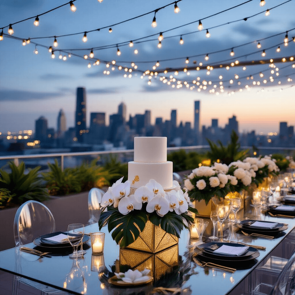 Creating a Chic and Functional Small Space: Home Decor Tips A modern rooftop terrace celebration at twilight, featuring acrylic tables with gold geometric centerpieces of white orchids and monstera leaves, fairy lights overhead, clear ghost chairs, a minimalist three-tier white cake with gold detailing, and contemporary black and gold dinnerware against a city skyline backdrop.