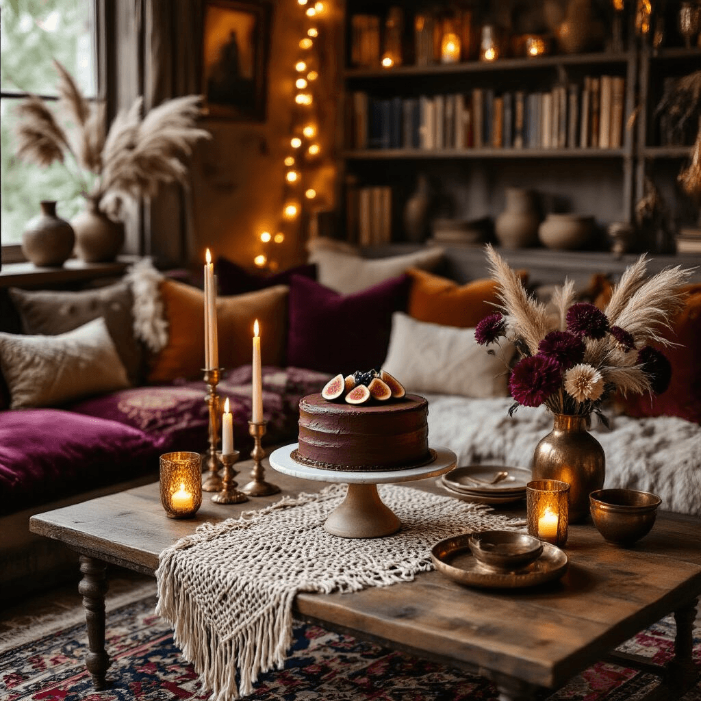 Creating a Chic and Functional Small Space: Home Decor Tips Cozy living room birthday celebration with a low coffee table, vintage Persian rug, layered textiles, floor seating with cushions, a naked chocolate cake adorned with figs, candle holders, pampas grass, dahlias, string lights, and vintage serving trays.