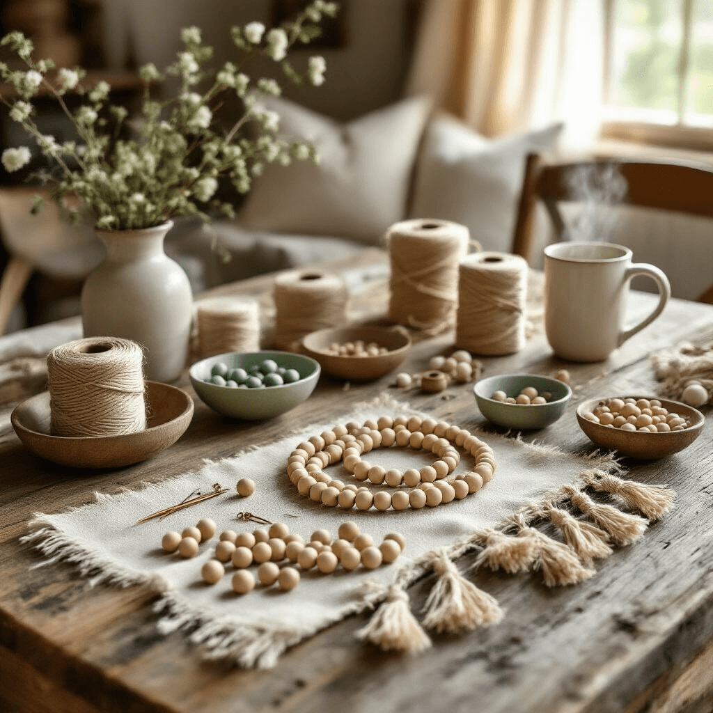 Transform Your Home with Wood Bead Garlands: The Farmhouse Decor Game-Changer You Never Knew You Needed Overhead flat lay of a rustic farmhouse DIY crafting session featuring natural wooden beads, cream hemp twine, brass needles, and completed wood bead garlands on a weathered wood dining table, illuminated by soft morning light.
