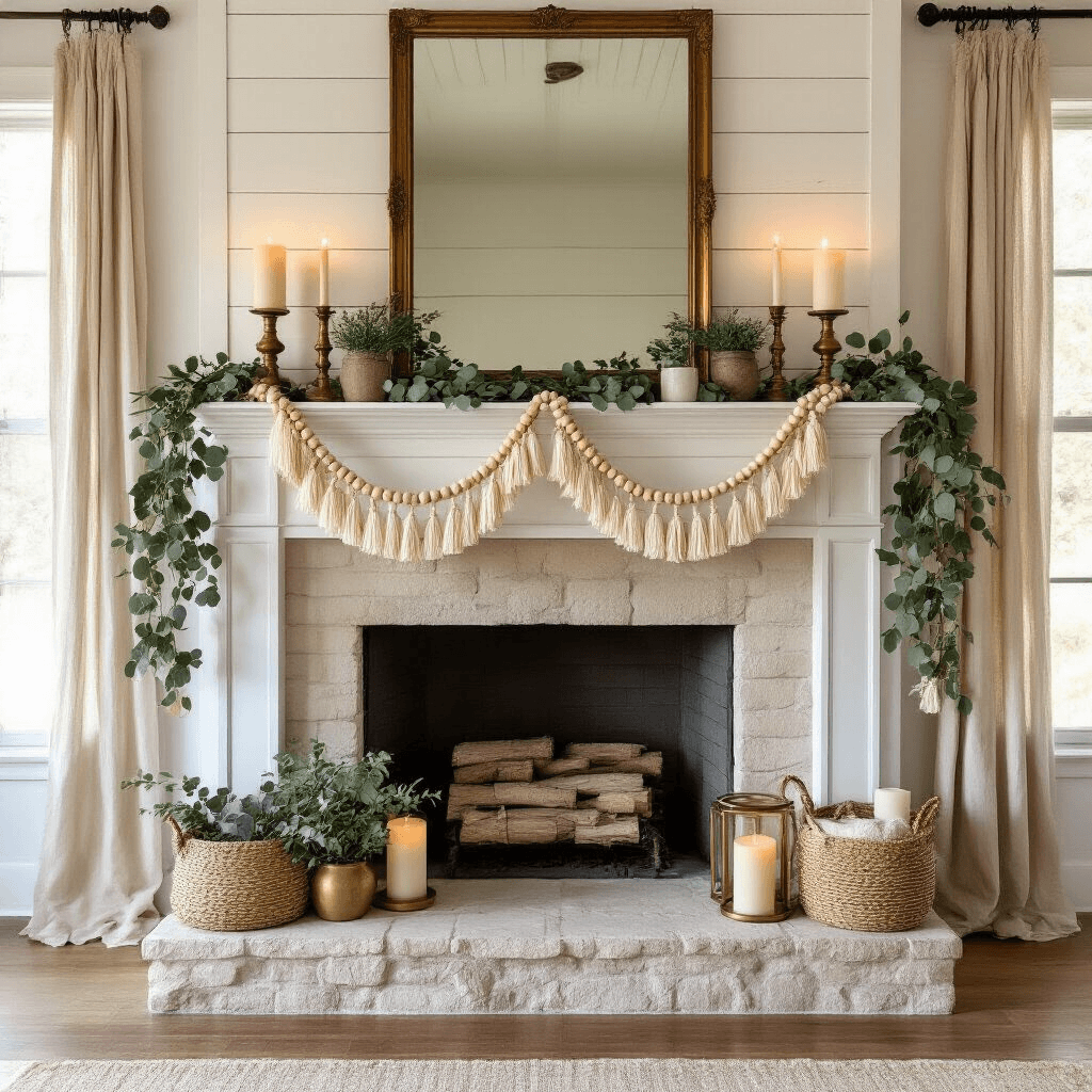 Transform Your Home with Wood Bead Garlands: The Farmhouse Decor Game-Changer You Never Knew You Needed A wide-angle shot of an elegantly styled farmhouse mantel during golden hour, featuring a white shiplap fireplace adorned with natural wood bead garland, ivory pillar candles, potted eucalyptus plants, and vintage brass frames, all complemented by a large mirror reflecting warm light and surrounded by textured linen curtains.
