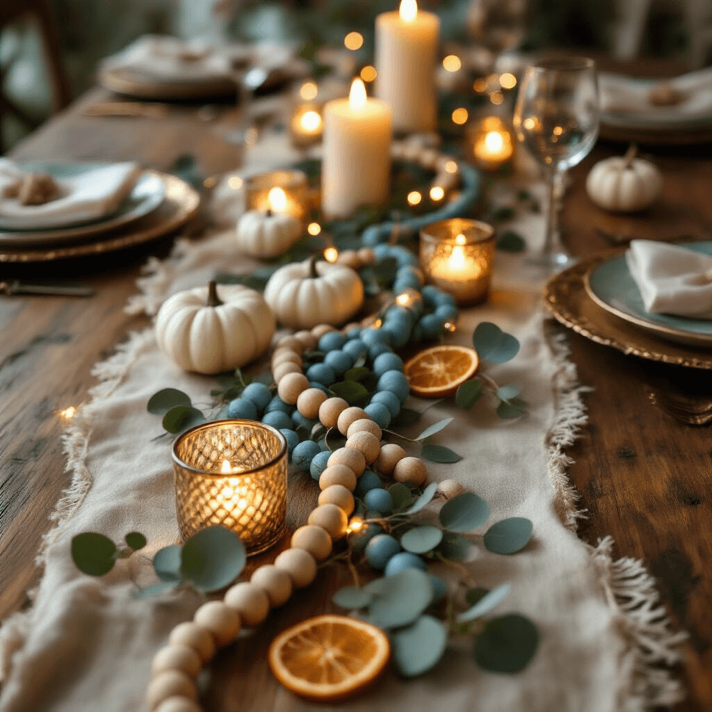 Transform Your Home with Wood Bead Garlands: The Farmhouse Decor Game-Changer You Never Knew You Needed Close-up of a holiday dining table centerpiece featuring a live-edge walnut table adorned with a dusty blue and natural wood bead garland, warm white fairy lights, mercury glass tea light holders, small white pumpkins, and dried orange slices, all complemented by cream linen runners and vintage brass chargers under soft candlelit ambiance.