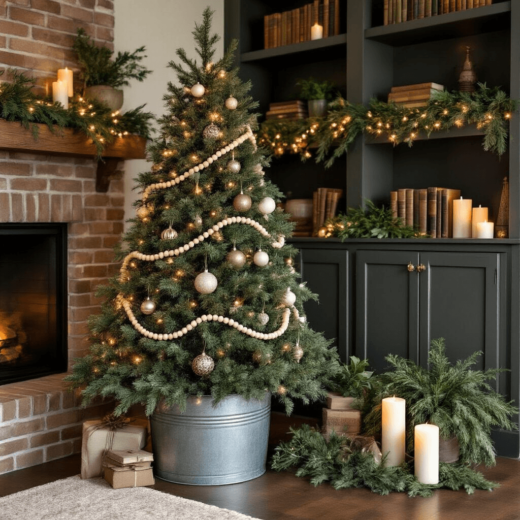 Transform Your Home with Wood Bead Garlands: The Farmhouse Decor Game-Changer You Never Knew You Needed Moody wide-angle shot of a modern farmhouse Christmas tree corner featuring a seven-foot Fraser fir adorned with wood bead garland and glass ornaments, standing in a galvanized bucket beside a brick fireplace with built-in shelving decorated with vintage books and plants, all illuminated by warm white string lights and pillar candles in a color scheme of deep forest green, weathered whites, and metallic brass accents.
