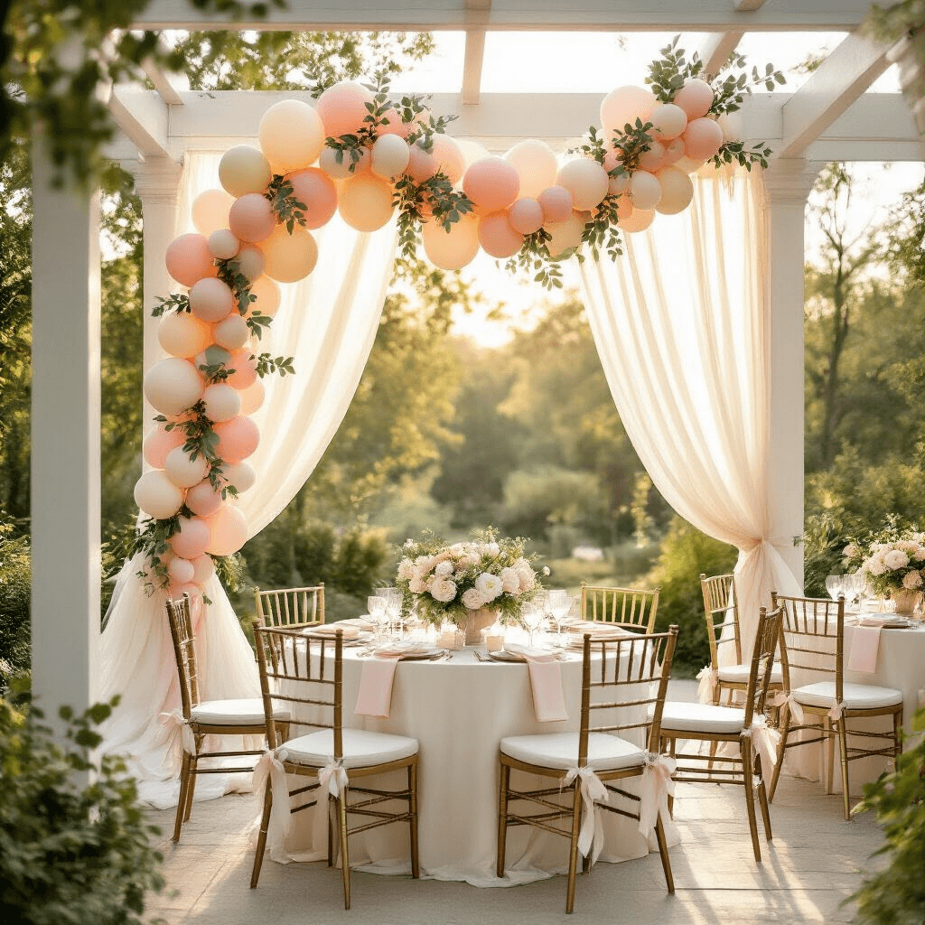 How to Create Stunning Balloon Garlands with Flowers That'll Make Your Guests Say "Wow!" Photorealistic wide-angle view of an elegant baby shower in a sunlit garden pavilion, featuring a balloon garland in blush pink, cream, and sage green, adorned with eucalyptus and peonies, alongside ivory-draped tables with low floral centerpieces and vintage gold chiavari chairs, all bathed in warm golden hour light.