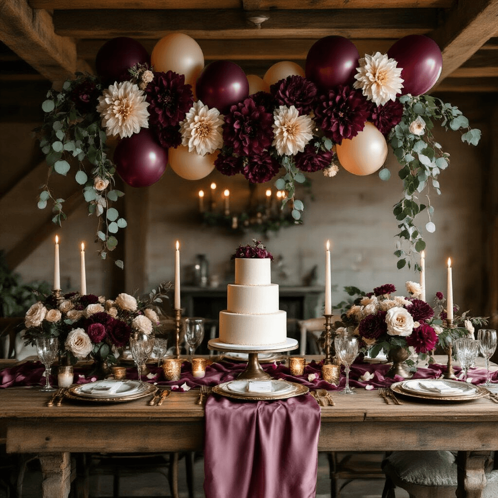 How to Create Stunning Balloon Garlands with Flowers That'll Make Your Guests Say "Wow!" Photorealistic overhead shot of a candlelit birthday celebration featuring a rustic farmhouse table with a dusty rose silk runner, vintage brass candlesticks, a three-tiered vanilla birthday cake, and a dramatic deep burgundy and cream balloon garland adorned with artificial dahlias and eucalyptus, all set against moody lighting that emphasizes rich textures and intimate shadows.