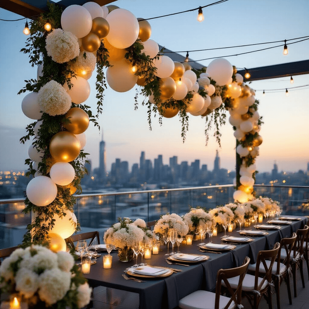 How to Create Stunning Balloon Garlands with Flowers That'll Make Your Guests Say "Wow!" Photorealistic image of a modern rooftop wedding reception at twilight, featuring a grand balloon garland in white, cream, and gold, elegantly draped over glass railings with a city skyline view. Decorated long farm tables with charcoal linen runners, gold napkins, crystal stemware, and low floral arrangements complement the garland. Warm string lights create a romantic atmosphere, emphasizing the lavish details and intimate setting.
