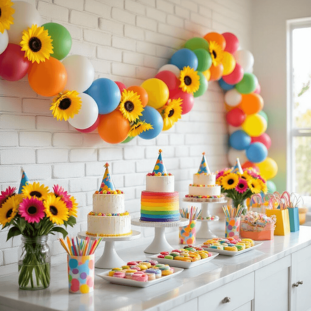 How to Create Stunning Balloon Garlands with Flowers That'll Make Your Guests Say "Wow!" Photorealistic close-up of a whimsical children's birthday party setup featuring a colorful balloon garland, vibrant flowers, and a beautifully arranged dessert area on a marble kitchen island, illuminated by soft morning light.