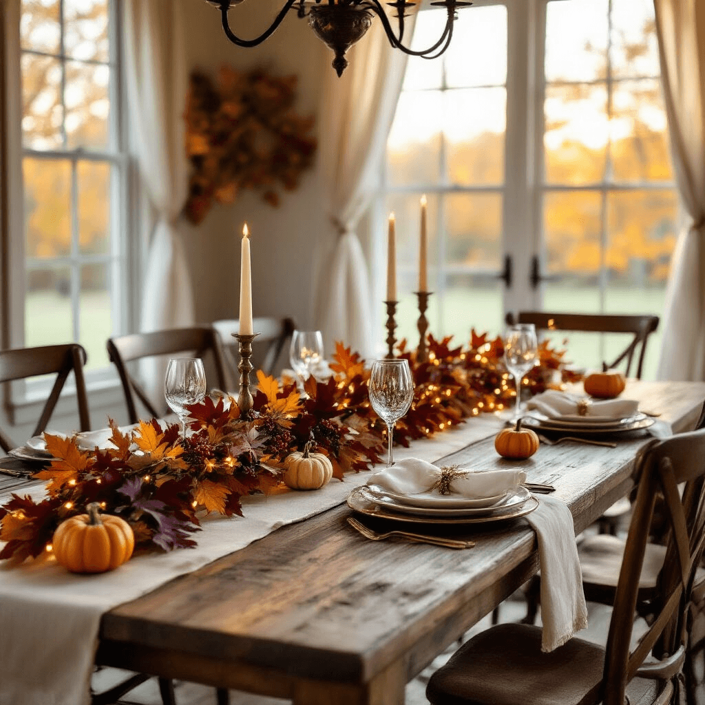 Transform Your Home with Stunning Autumn Garland: The Ultimate Fall Decorating Guide Cinematic wide-angle shot of an elegant autumn dining room featuring a rustic farmhouse table with a cascading garland, surrounded by Windsor chairs, adorned with pumpkins, candles, and textured decor, all illuminated by warm golden hour light.