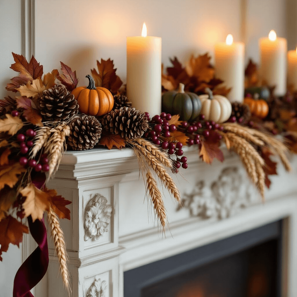 Transform Your Home with Stunning Autumn Garland: The Ultimate Fall Decorating Guide Close-up detail of an ornate fireplace mantel adorned with an autumn garland featuring silk leaves, pine cones, wheat, and berries, highlighted by flickering ivory candles, decorative gourds, and rich velvet ribbon, creating a warm, intimate atmosphere for fall.