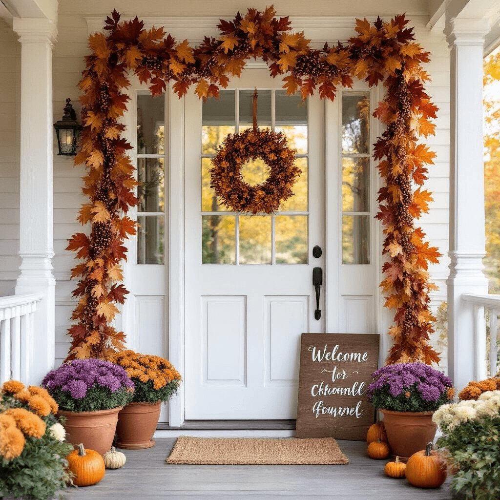 Transform Your Home with Stunning Autumn Garland: The Ultimate Fall Decorating Guide Wide-angle view of an inviting front porch adorned with an autumn garland around a white door, featuring silk maple leaves, grapevine, orange berry clusters, and mini gourds. Bronze chrysanthemums and ornamental kale in terracotta pots flank the entrance, complemented by a rustic welcome sign. Soft morning light casts shadows over the weathered wooden porch, scattered with real autumn leaves.