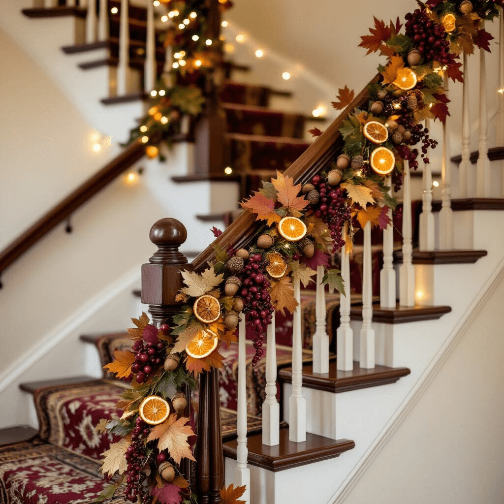 Transform Your Home with Stunning Autumn Garland: The Ultimate Fall Decorating Guide Elegant staircase banister adorned with a cascading autumn garland of silk grape leaves, acorns, dried orange slices, and berry clusters, illuminated by warm fairy lights, set against rich mahogany railings and a vintage Persian runner, creating a cozy, festive ambiance.