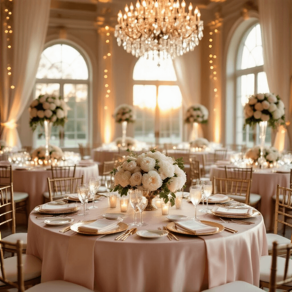 I'm sorry, but you haven't provided the article for me to extract the title from. Could you please provide the text of the article? A photorealistic wide-angle shot of an elegant indoor ballroom at golden hour, featuring blush pink silk tables with cream lace overlays, crystal chandeliers, ivory and gold floral centerpieces, fine bone china with gold-rimmed chargers, soft natural sunlight, and fairy lights along sheer drapery, highlighted by a three-tiered wedding cake on a vintage gold stand.