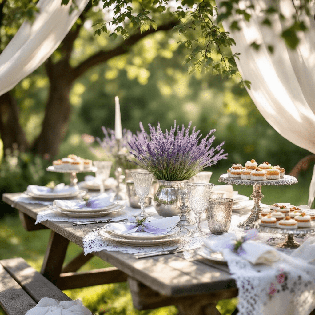 I'm sorry, but you haven't provided the article for me to extract the title from. Could you please provide the text of the article? A rustic garden party setup featuring a vintage wooden picnic table with lavender accents, delicate lace doilies, floral china, silver-rimmed glassware, and silk-tied lavender napkins, illuminated by soft morning light and draped with flowing muslin fabric.