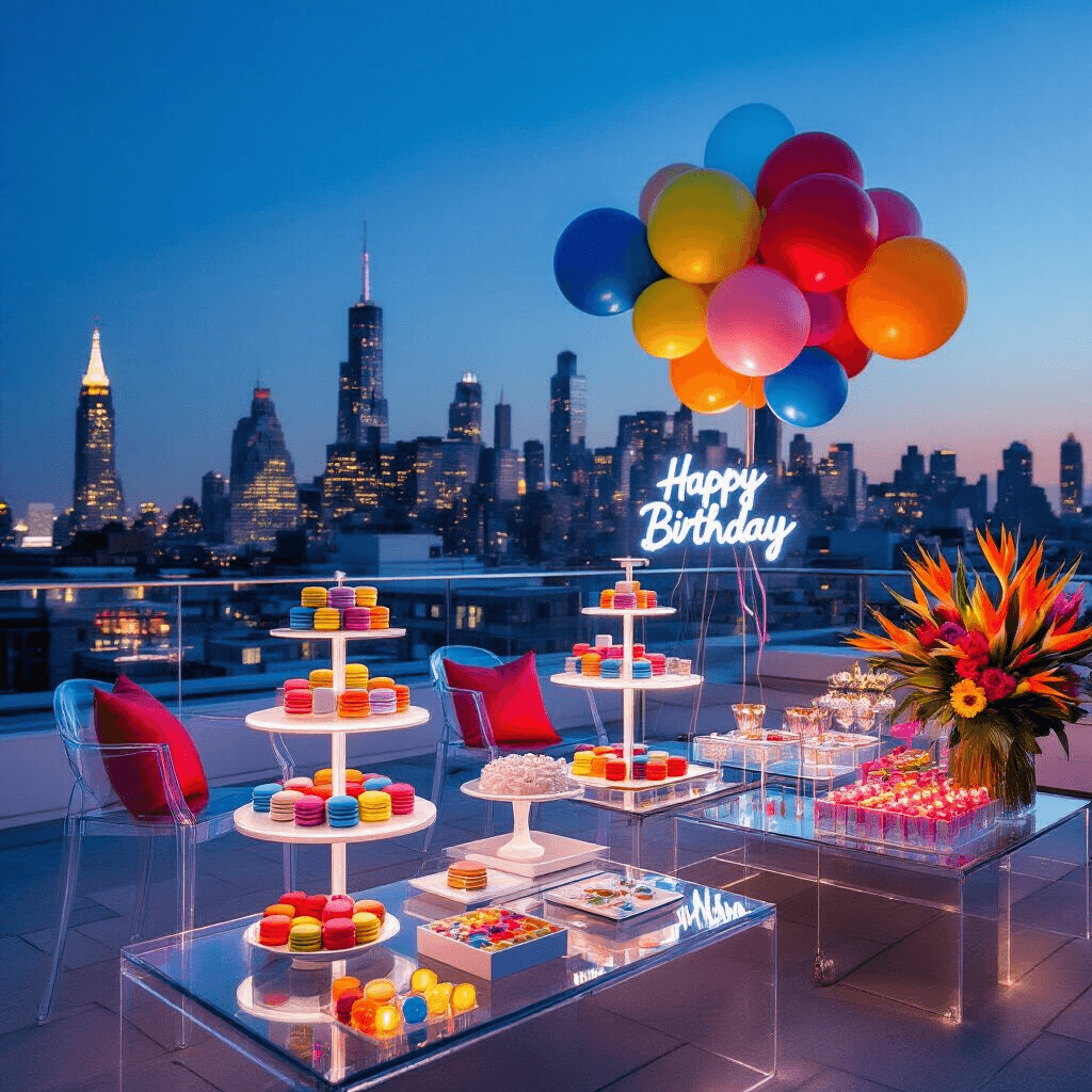 I'm sorry, but you haven't provided the article for me to extract the title from. Could you please provide the text of the article? A vibrant modern rooftop terrace birthday party at night, featuring sleek acrylic furniture, bold primary color accents, geometric balloon installations, contemporary serving pieces with colorful treats, illuminated clear tables, playful neon signage, and personalized favors amidst a striking floral arrangement.