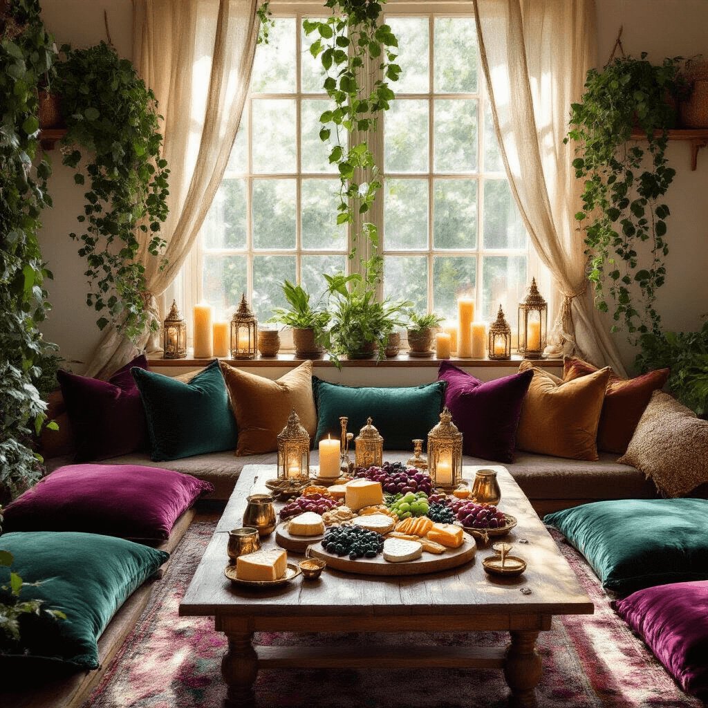 I'm sorry, but you haven't provided the article for me to extract the title from. Could you please provide the text of the article? A cozy living room celebration filled with plush velvet cushions in jewel tones, low wooden coffee tables, and a stunning grazing board of artisanal cheeses and fruits, illuminated by warm brass lanterns and natural sunlight streaming through sheer curtains. Eucalyptus garlands and pillar candles enhance the intimate atmosphere.