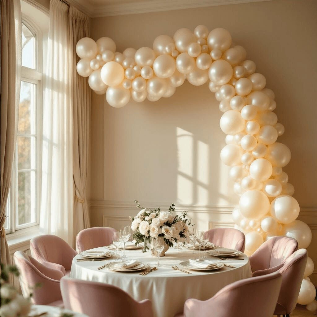 How I Transformed My Space with Pearl Balloon Garlands (And How You Can Too) Cinematic wide-angle shot of an elegant bridal shower with a pearl balloon garland, softly lit by golden hour, featuring a beautifully set dining table and blush pink velvet chairs.
