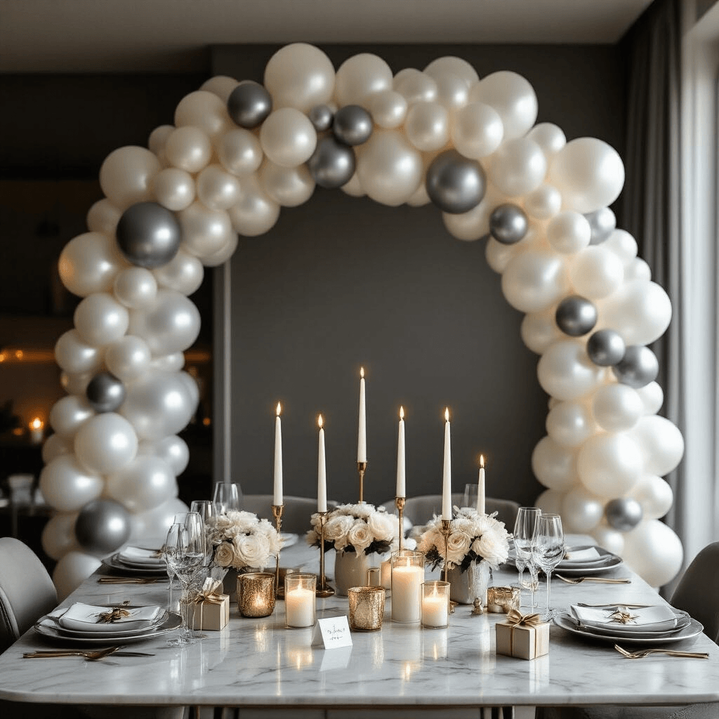 How I Transformed My Space with Pearl Balloon Garlands (And How You Can Too) Overhead flat lay of a modern apartment dining space set for an anniversary celebration, featuring a pearl balloon garland over a marble table adorned with silk charcoal runners, gold-rimmed glassware, pillar candles, gift boxes, custom place cards, and tea light holders, all illuminated by soft candlelight.