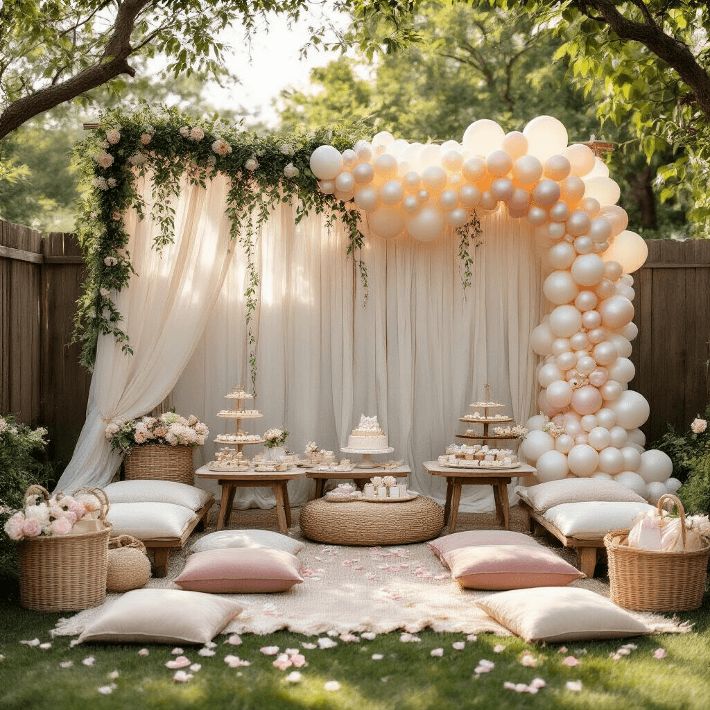 How I Transformed My Space with Pearl Balloon Garlands (And How You Can Too) A stylish backyard baby shower with a pearl balloon garland, picnic-style tables with velvet cushions, delicate pastries on tiered cake stands, and scattered flower petals, all surrounded by greenery in soft morning light.
