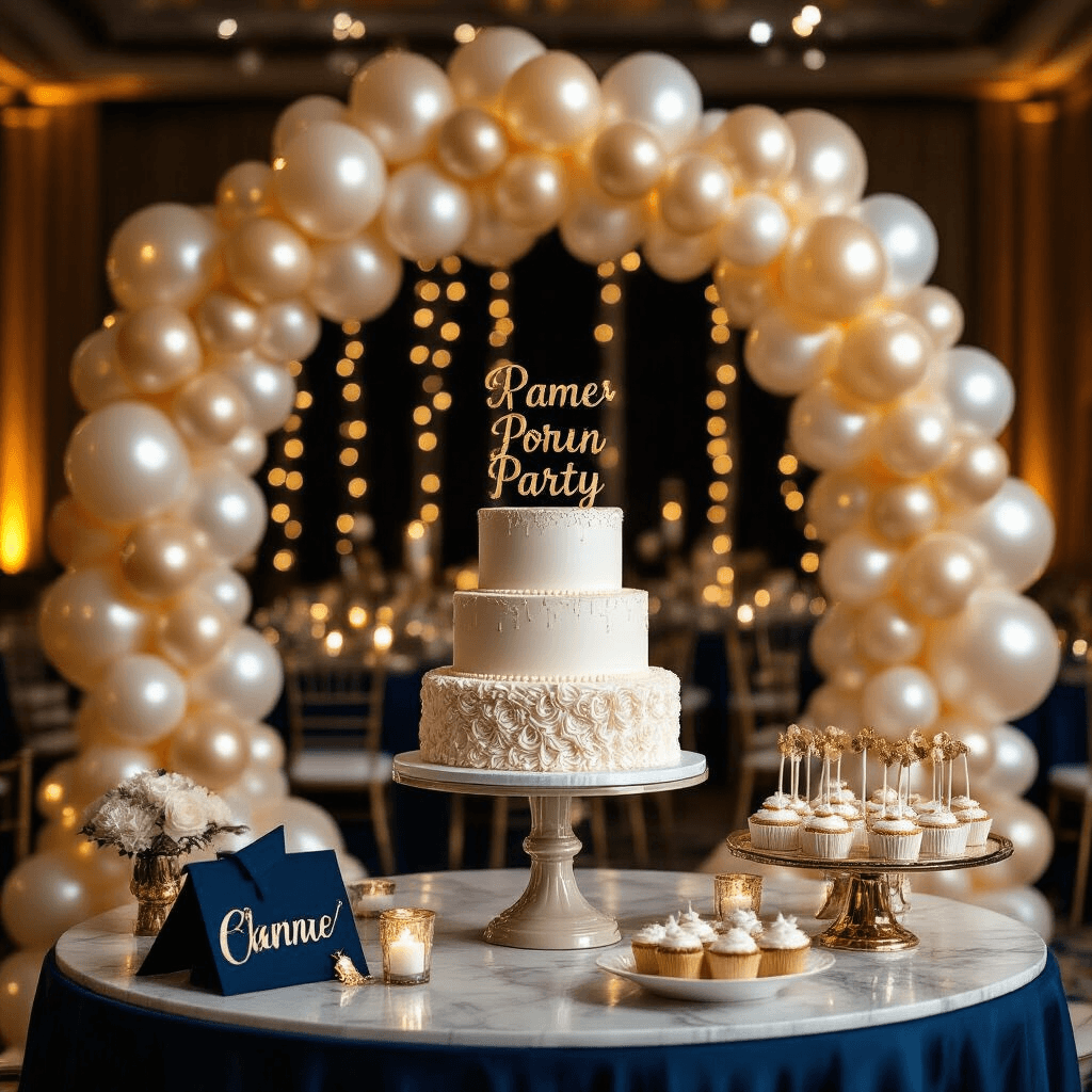 How I Transformed My Space with Pearl Balloon Garlands (And How You Can Too) Close-up of a luxurious graduation party setup featuring a pearl balloon garland, a multi-tiered cake on a marble pedestal, navy blue linens, gold accents, ambient candlelight, and custom gold signage in an elegant indoor ballroom.