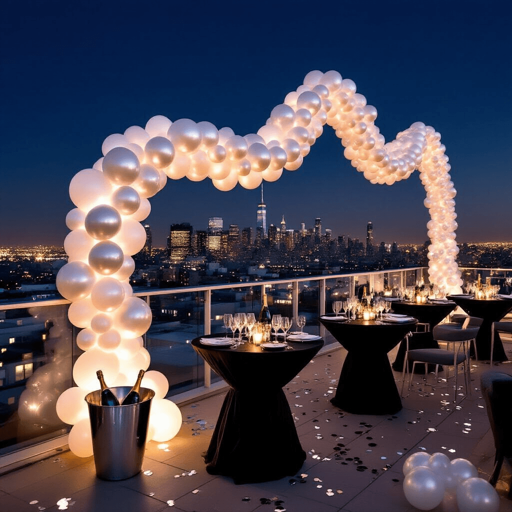 How I Transformed My Space with Pearl Balloon Garlands (And How You Can Too) A panoramic view of a rooftop terrace New Year's Eve party, featuring a pearl balloon garland, round cocktail tables with black linens, chilled champagne, modern furniture, and elegant candle arrangements under a starlit sky.