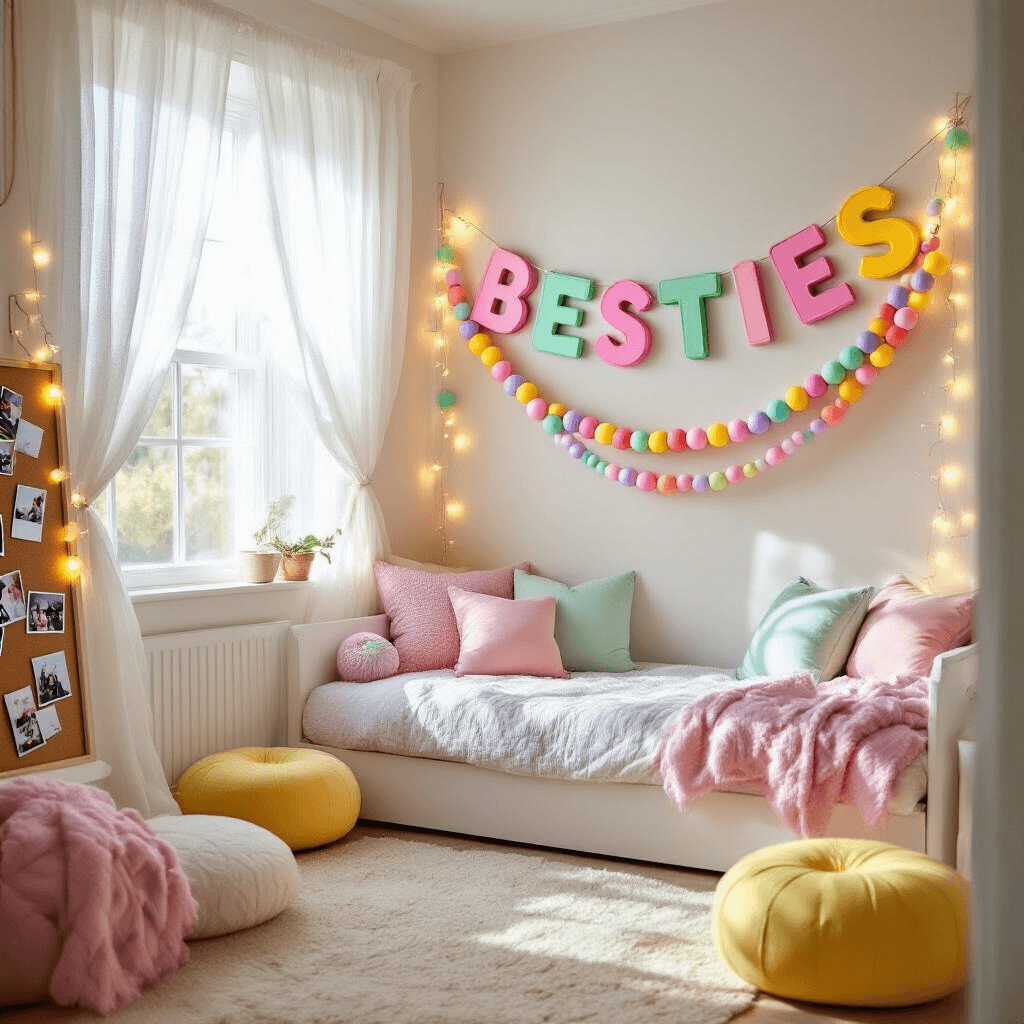 DIY Friendship Bracelet Garland: Transform Your Space with This Trendy Taylor Swift-Inspired Decor A whimsical teenage bedroom bathed in soft morning light, featuring a DIY garland spelling 'BESTIES' with foam letter discs and colorful ball pit balls above a daybed, and a cozy reading nook with fairy lights and polaroid photos.