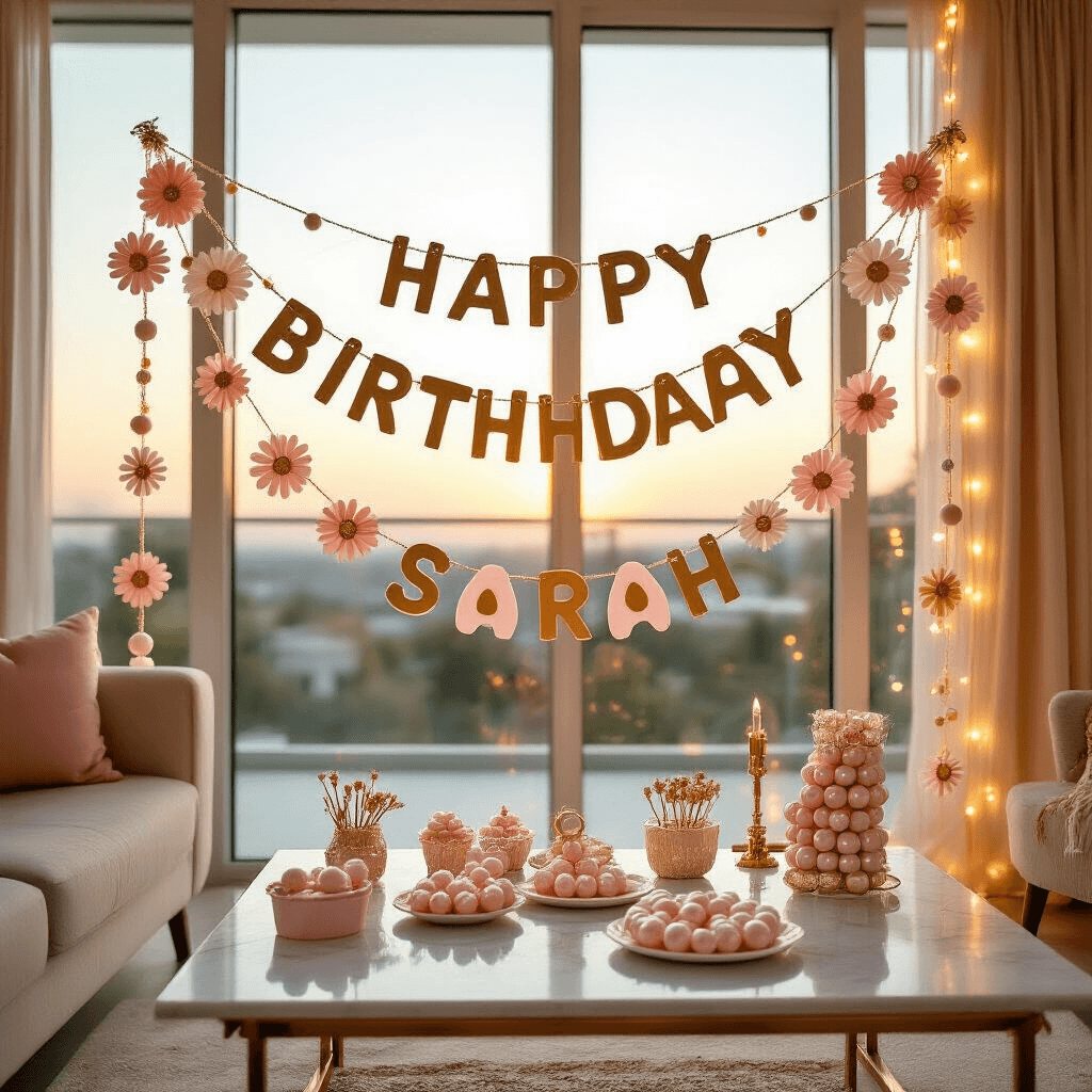 DIY Friendship Bracelet Garland: Transform Your Space with This Trendy Taylor Swift-Inspired Decor An elegant birthday party setup in a bright living room with floor-to-ceiling windows during golden hour, featuring layered garlands spelling 'HAPPY BIRTHDAY SARAH' with golden letters, adorned with daisy-shaped flowers, a marble coffee table with party favors, LED string lights, and sheer champagne drapery, all softly focused with wrapped gifts and crystal glassware catching the light.